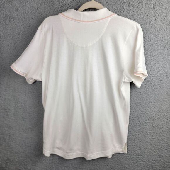 Liz Golf Polo Shirt Womens L Cream Pink Trim Silver Logo Buttons Embroidered - Picture 2 of 13